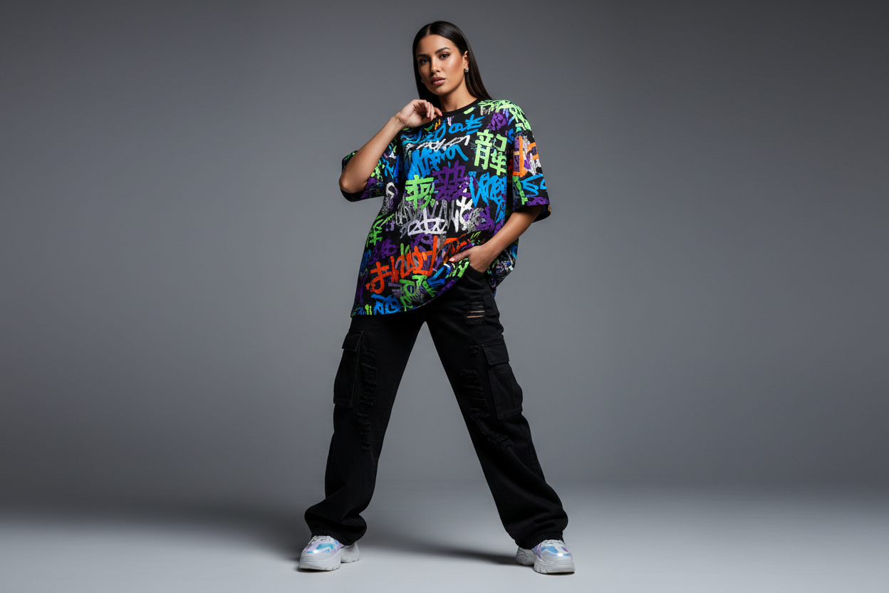 generate a image of a woman wearing an oversized tshirt which suits my page